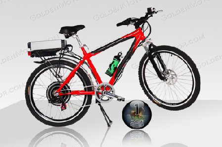 Red electric mountain bike available at Green Motors Inc.